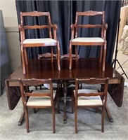 MAHOGANY DROP LEAF TABLE W/ 6 ROSE BACK CHAIRS &