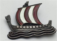 Sterling Enameled Denmark Ship Pin