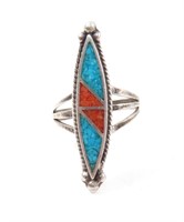 STERLING SILVER & INLAID TURQUOISE CHIP RING SZ 8