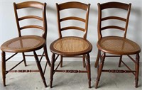 3 Vintage Round Wood Cane Seat Side Chairs