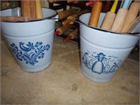 2X$ Dutch Powder Blue Enamel Buckets W/ Floral Déc