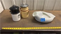 Enamel perculator kettles & antique ceramic bed