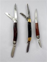 (3) WOOD HANDLE POCKET KNIVES