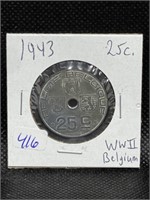 1943 WWII BELGIUM 25 CENTS