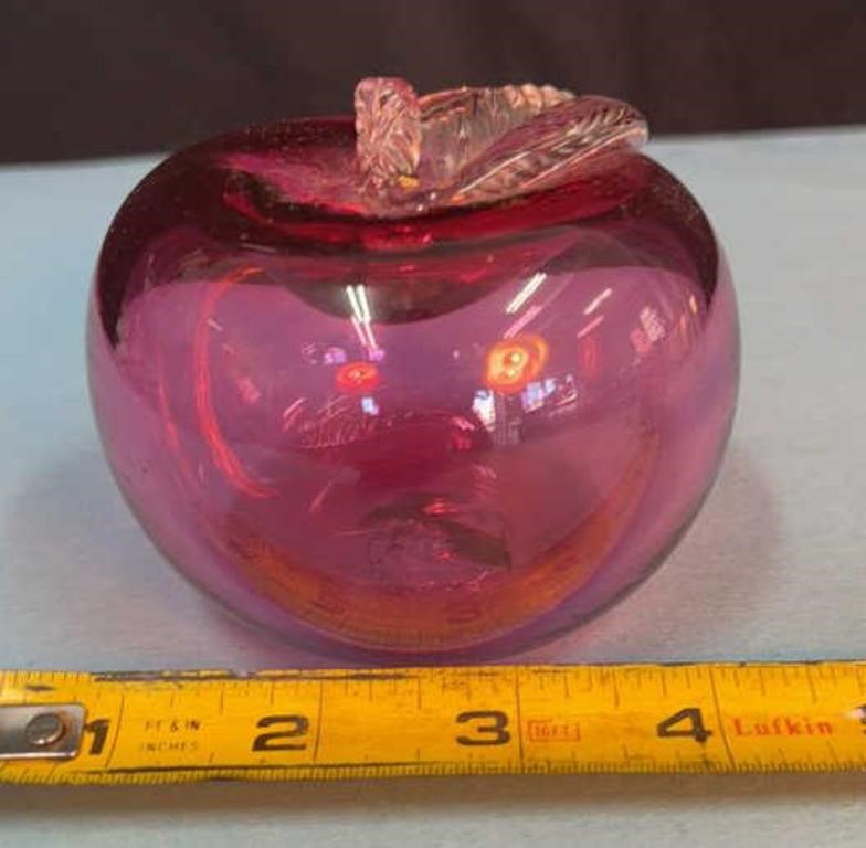 Blown ruby glass apple. 3in