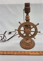 Vintage Brass Lamp w Moving Ship Wheel