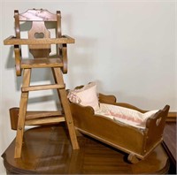 Doll highchair and cradle with quilt and pillow
