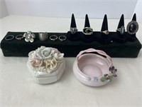 Assorted costume jewelry rings and trinket holders