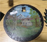 handpainted 9" cast iron stove lid cabin scene