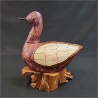 A Chinese ? Carved Wooden Bird On Burl Wood Base