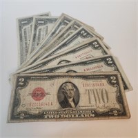 Nineteen (19) $1 and $2 Small Note Bills