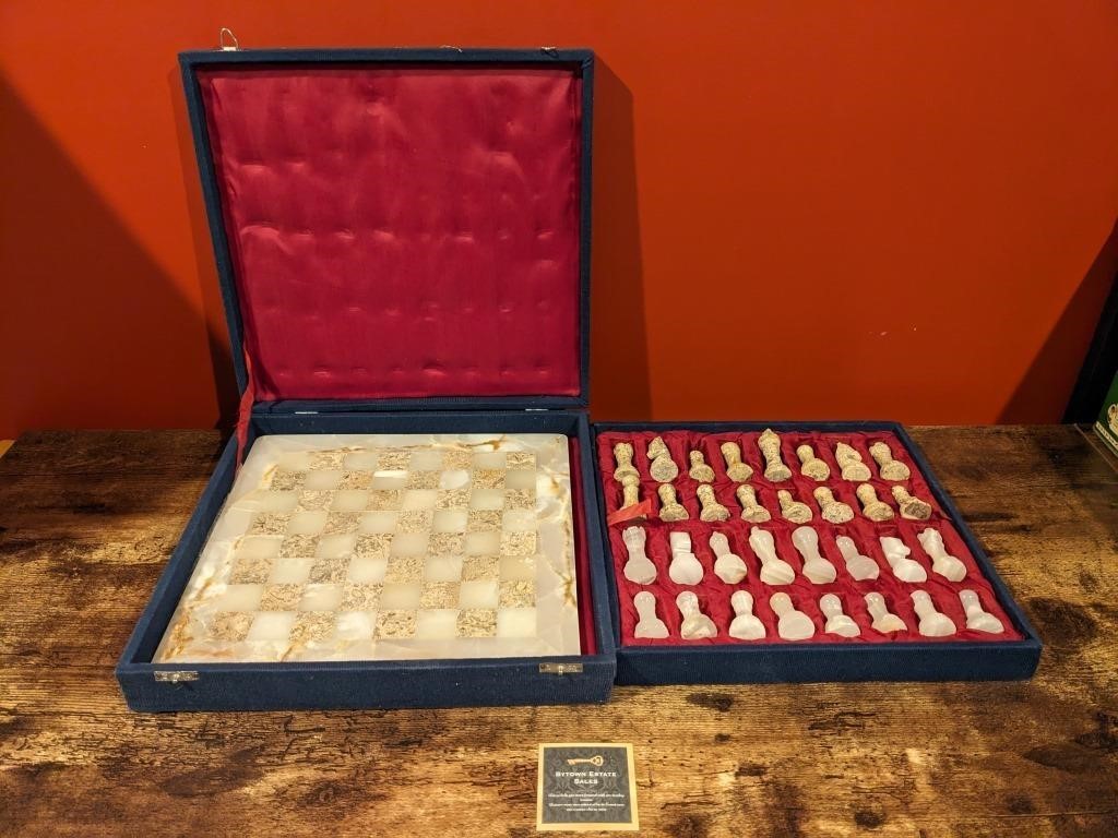 Carved Marble/Granite Chess Board & Chess Pieces