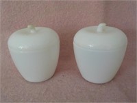 2- white milk glass 3.5" covered apples