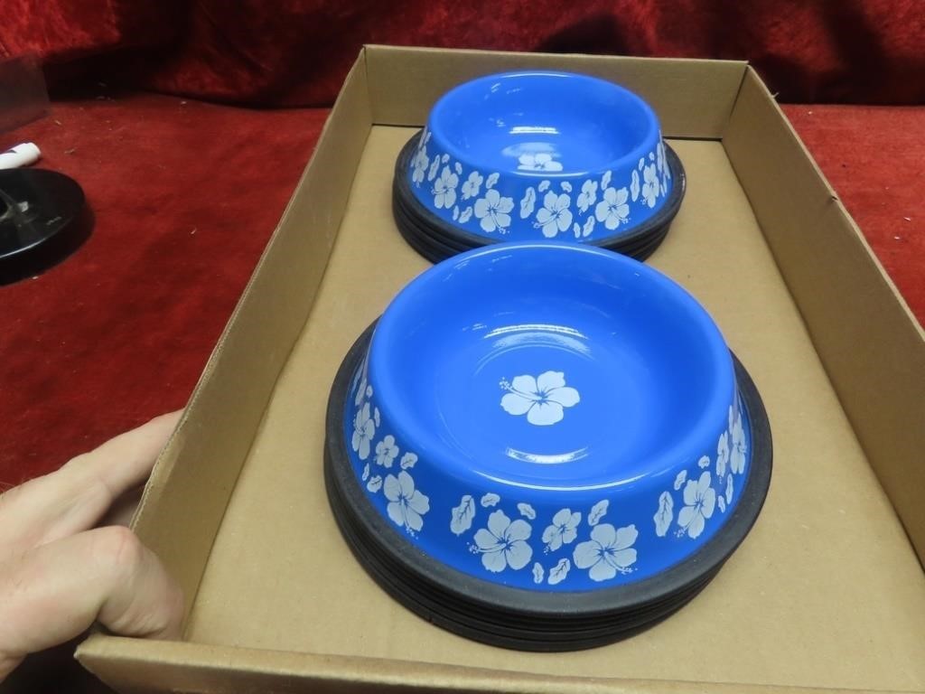 (10)Unused blue metal dog bowls.