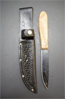 Old Forge 4 1/4" Wood Handle Knife Leather sheath