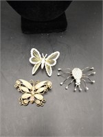 Lot of 3 Brooches Butterflys and Spider