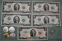 Lot: 5 US $2 notes, 4 Kennedy half dollars, 1925 S