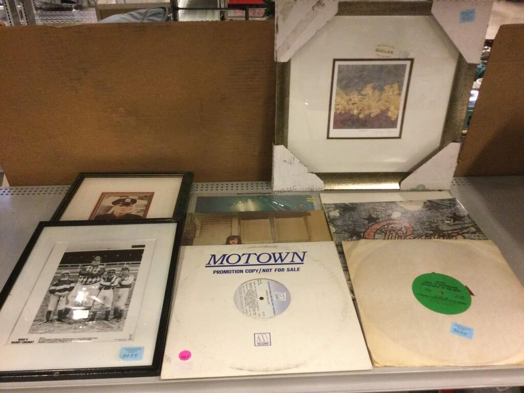 LP records, movie actor prints framed and framed