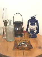 EXPECTORANT BOTTLE, METAL OIL LAMP, CANDLE,