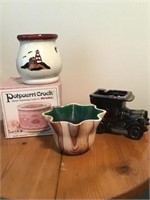 POTPOURRI CROCK, CANDLE MELT, TWO SMALL PLANTERS
