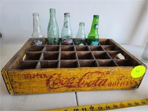 Vintage Wooden Coke Crate and Various Bottles