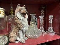 shelf of vases, pitchers, oil lamp,frog, candy