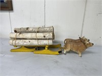 Vintage logging sleigh and ox model approximately