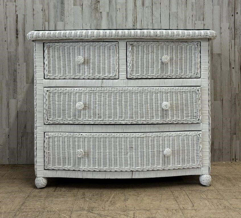 Vintage White Wicker Glass Top Four Drawer Dresser