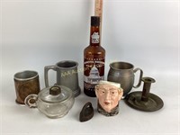 Copper mug, brass chamber stick, finger oil lamp,