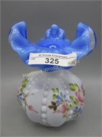Fenton 5" blue cased Beaded Melon Rib HP vase