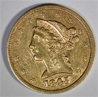 1845 $5.00 GOLD LIBERTY  AU+