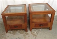 2 Wooden Matching Glass Top Side Tables V3B