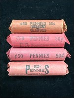 Lot of Four Unsearched Rolls of Wheat Pennies