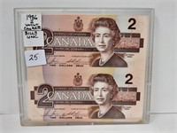 Uncut Sheet of 2 1986 Canada $2 Bills.