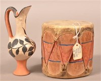 2 Antique Pueblo Indian Items - Painted Drum, Pott