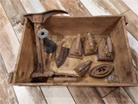 Crate & contents- sad irons, chopper, iron