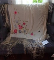 Oriental floral silk stitched throw/coverlet