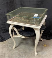 Antique glass top display table cast iron base