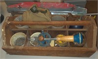 (G) Wooden tool caddy including contents