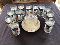 Marble base cake stand & cover & 12 Coke glasses