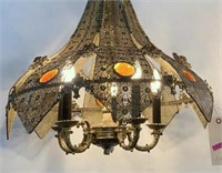Unusual Brass Light Fixture w/Amber Glass Jewels.