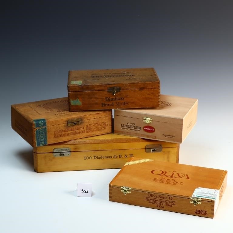 Vintage wooden cigar boxes and 2 newer boxes