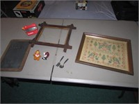 old needlepoint picture,frame,kids chalkboard,item