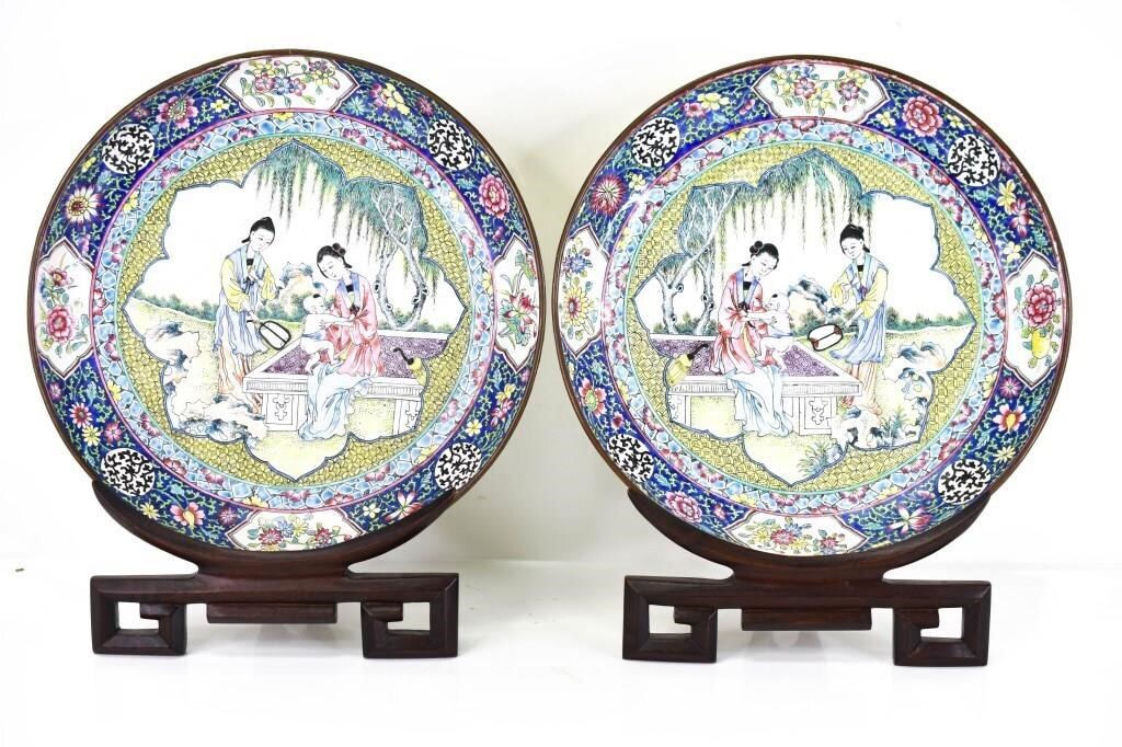 Pair Chinese Canton Enamel Bowls & Stands