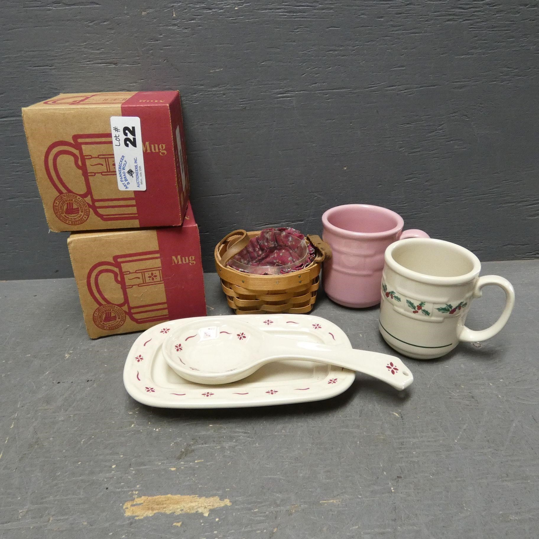 Longaberger Pottery Mugs, Spoon Rest, Basket