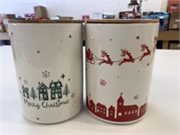 2 New Holiday Ceramic Canisters w/Wood Top