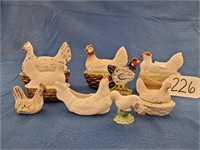 5 small hens on nest 4 other chicken figurines