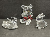 3 Swarovski Silver Crystal Figures - Swan, Bear,