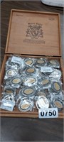 CIGAR BOX FILLED WITH CLINTON KEY CHAINS APPR. 25