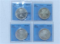 FOUR GRADED 1960-1963 CANADIAN ONE DOLLAR COINS